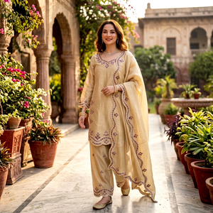 Ensemble Kurti court en soie dorée et palazzo, avec broderie florale violette et dupatta à bord festonné - Product Image 1