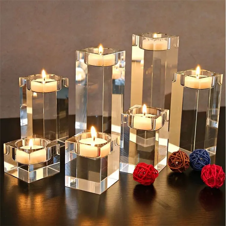 cube shape transparent crystal glass candlestick decoration square crystal candle holder