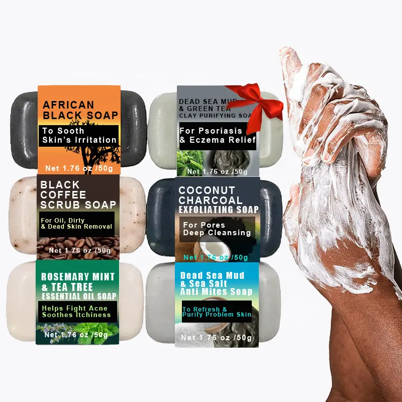 Set regalo di sapone nero africano caffè tè nero carbone sapone da bagno al sale del mar morto per la rimozione della pelle morta anti Acne psoriasi Eczema