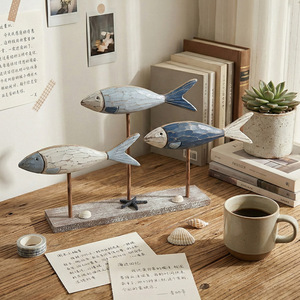 Mediterranean Wooden Fish <b>Ornament</b> Set 3D Decor For Living Room Desktop Vintage Ocean Breeze Style - Product Image 1