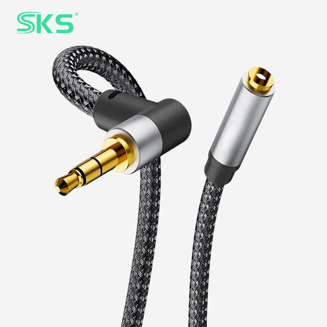 90° L Shape DC3.5 M-F Audio Extension Cable 3P Gold Plated Nylon Braided Aluminum Shell AUX Cord for Gaming Phone Headset