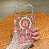 Nouvelle coque de téléphone portable en résine avec fleurs séchées et paillettes argentées pour iPhone 16 Plus 17 Pro Max, coque arrière magnétique transparente