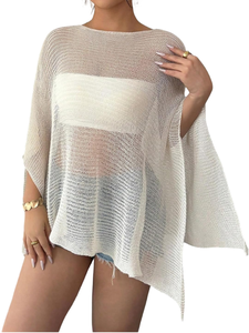 T-shirt asymétrique bohème en maille à manches chauve-souris pour femme, col rond ample, mi-long, respirant, idéal printemps-été - Product Image 2