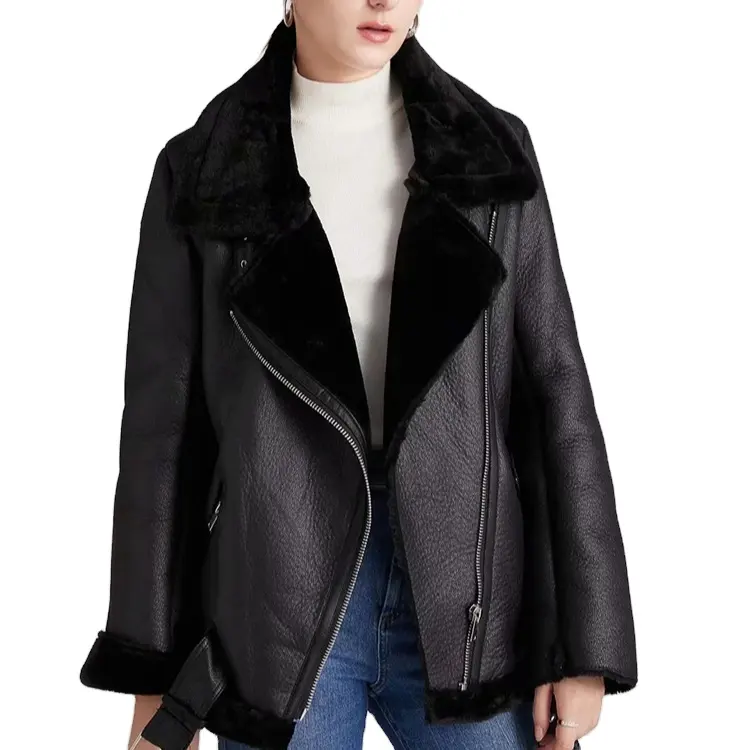 Winter New lapel Locomotive flying leather jacket outer Wear Women's Thickened wool Fur lining Warm sheep shearing Coat