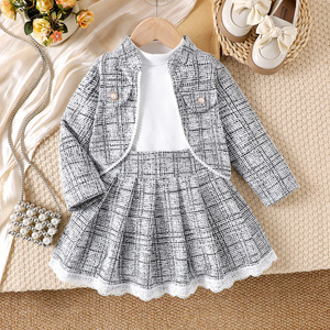 Ensemble de vêtements pour filles <span class=keywords><strong>d</strong></span>'automne et <span class=keywords><strong>d</strong></span>'<span class=keywords><strong>hiver</strong></span>, pull en tricot à manches longues, jupe courte à carreaux, chapeau - Tenue 3 pièces pour petite fille - Product Image 3