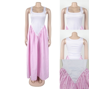 568 最新デザイン レディース服 ベンダー 夏 ストレッチ チェック柄 パッチワーク ノースリーブ タンクドレス プリーツドレス ロング丈 フロアドレス - Product Image 3