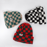 Gorro de Punto Acrílico a Cuadros de Dos Tonos, Gorros Personalizados de Diseñador con Logotipo Bordado, Gorras Tejidas para Invierno