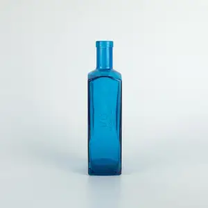 Wholesale empty clear blue super flint square glass vodka bottle glass gin bottle glass spirits 750ml bottle with cork lid