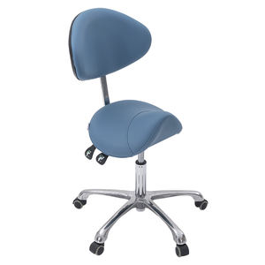 Fauteuil <span class=keywords><strong>dentaire</strong></span> commercial moderne manuel en cuir bleu, tabouret selle réglable en hauteur et inclinaison avec 5 roulettes pivotantes - Product Image 1
