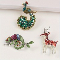 Broche scintillante en forme de paon, de renne, de lézard, pour homme et femme, oiseau, animal, fête, bureau, cadeau
