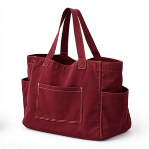 Bolsa de compras grande de lona roja de moda al por mayor con bolsillo frontal y bolsillos laterales, asa para el hombro, para uso diario - Product Image 3