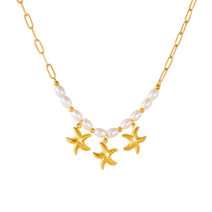 Gold Plated Starfish Pendant Chain Imitation Pearl Beaded Clavicle Necklace Simple Versatile Fashion Jewelry - Product Image 5