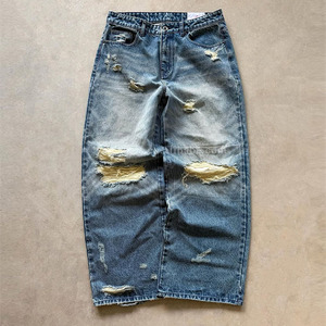 कस्टम पिन्स्ट्रिप सीधे गंदे धोए गए ब्रश मोम बड़े आकार के चौड़े पैर कच्चे साल्वे डेनिम पैंट पुरुषों जीन - Product Image 1