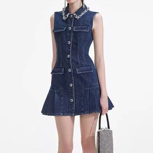 Vestido de Mezclilla Personalizado para Mujer, Estilo Elegante, Corte Ajustado, Falda Plisada, Sin Mangas, Cuello Camisero - Product Image 2