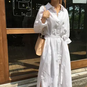 Tall Women French Style Casual Dress with Belt Lace Up Button White Maxi Long Sleeve Shirt Dress