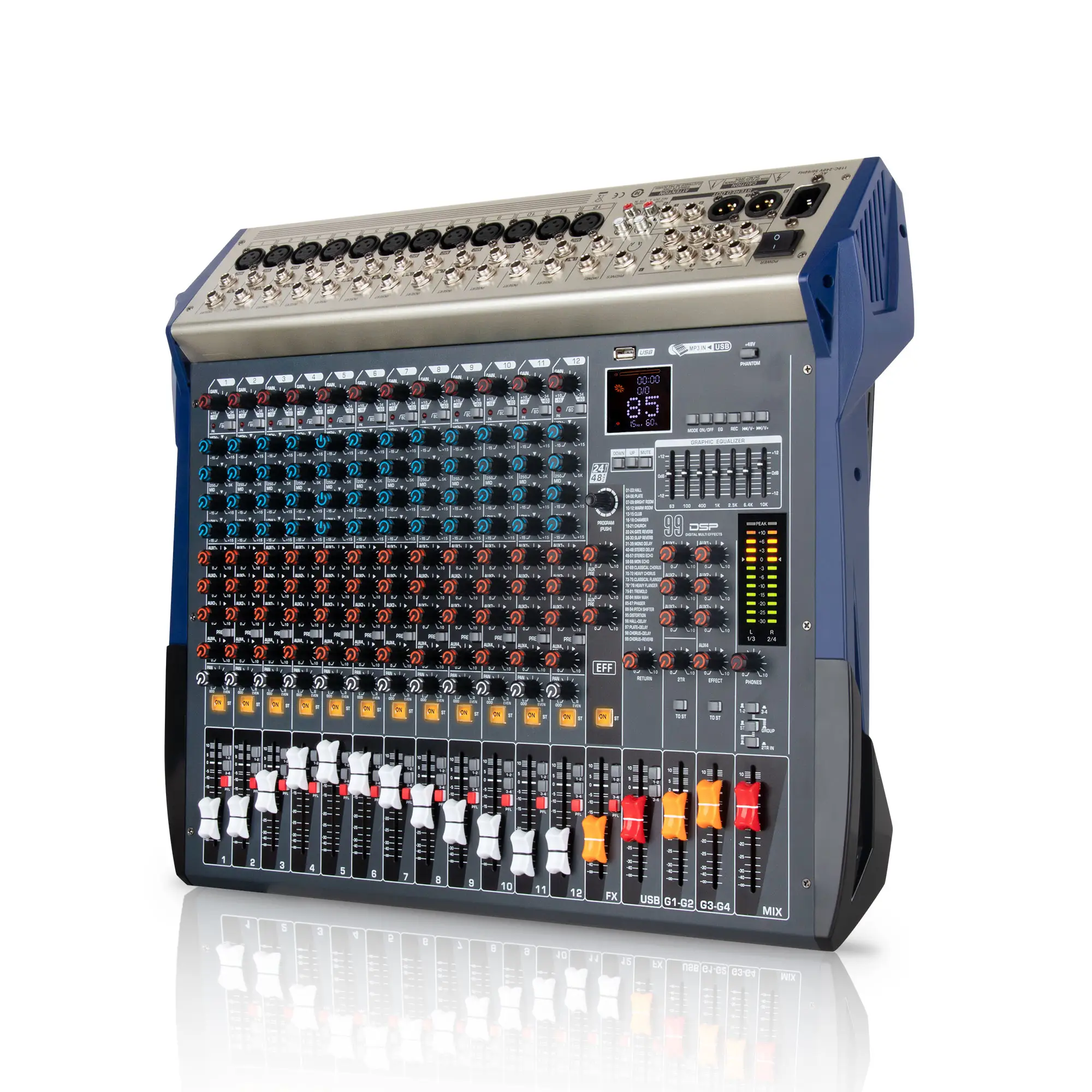 Consola de mixagem digital profissional de 12 canais, placa de som e microfone de karaokê, amplificador de áudio USB, controlador de DJ