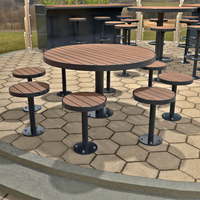 Ensemble table ronde d'extérieur personnalisée plateau en bois et matériau en acier table de pique-nique banc café restaurant adapté à plusieurs personnes