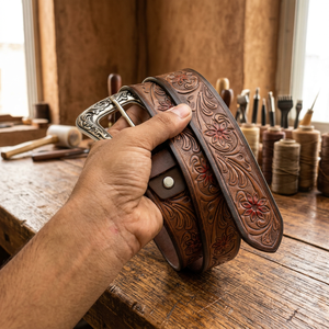 Cinturón Casual de Cuero de Vaca con Diseño Tallado a Mano, Longitud Personalizada, Hebilla Cuadrada de Acero con Calavera, Estilo Vintage, Lujoso, Ecológico e Impermeable - Product Image 1