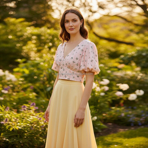 Top Corto Cruzado con Mangas Abullonadas y Estampado Floral Personalizado para Mujer, Blusa Corta para Damas - Product Image 3