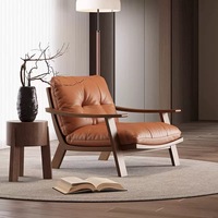 Fauteuil lounge vintage en bois massif avec coussin en cuir véritable pour balcon/salon, lecture et détente