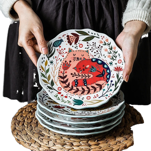 Plato de Cena de 8 Pulgadas con Diseño de Gato Colorido, Porcelana Fina con Esmalte Craquelado, Bandeja de Postre para Bodas, Vajilla con Diseño de Gatito y Flores, Apto para Microondas - Product Image 1