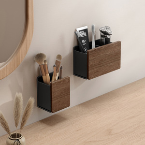Wood Single Tier No-Drill Comb Storage Tube Wall-Mounted <b>Toothpaste</b> Rack Makeup Brush <b>Holder</b> for Bathroom - Product Image 5