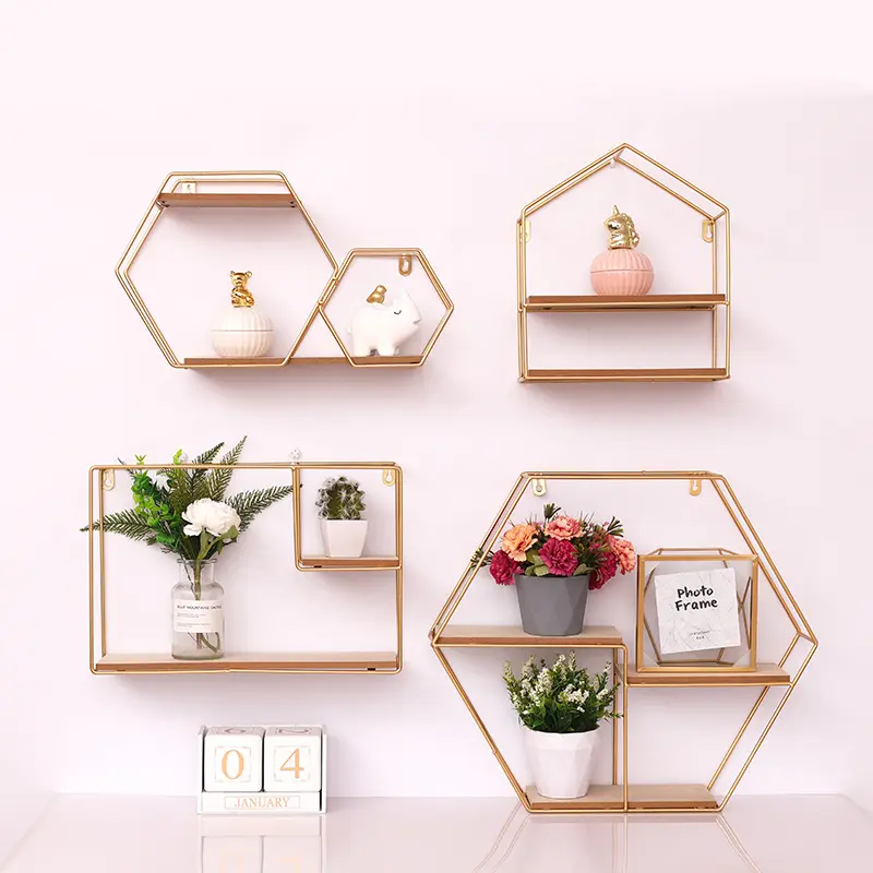 Nordic Creative Wrought Iron Gold Multi-regular Shape Floating Shelves Wall Mounted Metal Storage Holders Racks Home Decoration