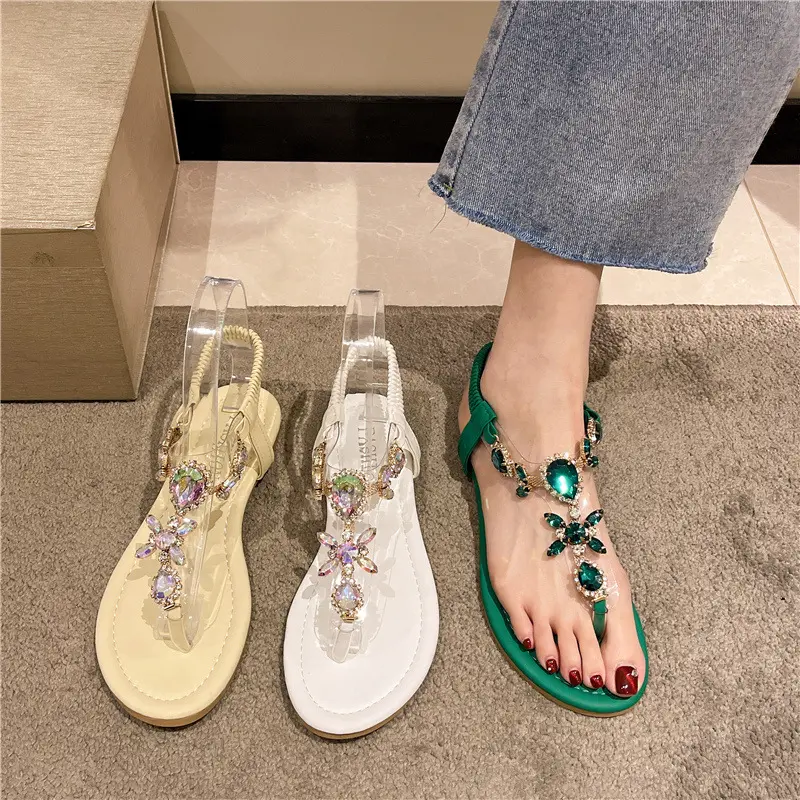 2024 In Stock Wholesale Hot Sale Summer Women Casual Gem Shoes Ladies Flat Sandals