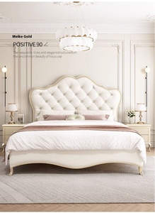 Cama doble moderna y sencilla de 1,8 m, cama de nube de lujo ligera de madera maciza de estilo americano, color crema, estilo francés para cama maestra con funda - Product Image 5