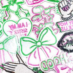 Nouvelle broderie thermocollante en polyester, série Sœur, motif nœud papillon et cœur, vert rose, année 1948, patch pour vêtements et décoration de chapeaux - Product Image 4