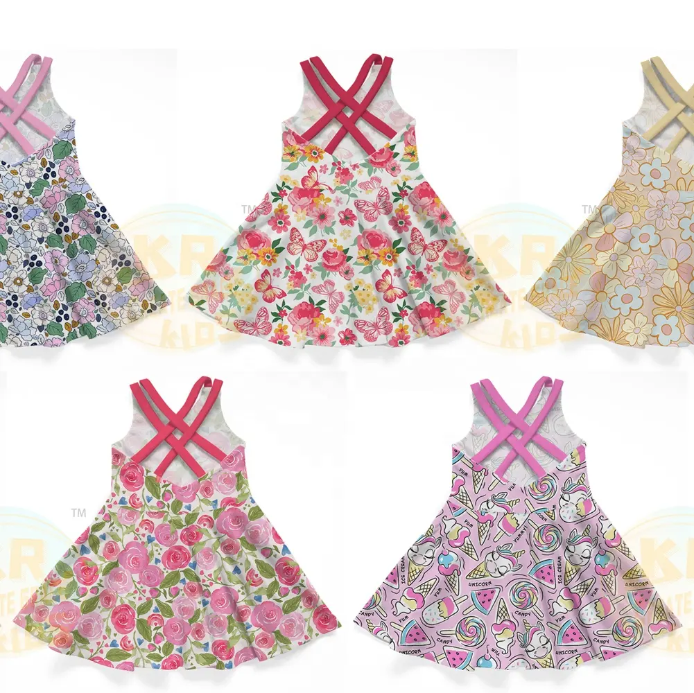 Girls' Dresses Fashion a Line Sleeveless Crossing Bacakless Cute Flower Printing 1 to 12 Years Old Girls' Summer Dress Children