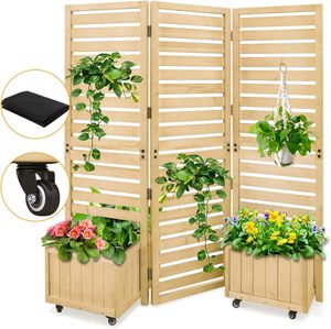 Lits de jardin extérieurs à écran d'intimité <span class=keywords><strong>en</strong></span> cèdre, 3 panneaux articulés <span class=keywords><strong>pour</strong></span> patio, <span class=keywords><strong>terrasse</strong></span>, arrière-cour, panneau autoportant avec jardinières - Product Image 1