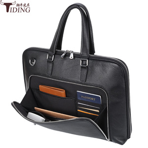 Tiding Genuine Leather Men's Business <b>Briefcase</b> 15.6 Inch Laptop Bag Durable Solid Color Black - Product Image 2