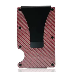 RFID Carbon Fiber Red Minimalist Card Wallet Slim Debit Card Holder with Money Clip Anti RFID Metal Card Holder Wallet