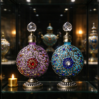Botol Minyak Atsiri Kaca Vintage Berukir Bentuk Pipih Ungu Biru Gaya Dubai Mewah 30ml dengan Pipet Logam untuk Parfum