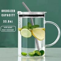 Mug en verre surdimensionné de 1000 ml en borosilicate avec poignée, couvercle et paille pour boissons et thé au citron – Vente en gros