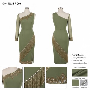 Robe fourreau longue vert olive tendance, asymétrique à une épaule, avec ceinture à franges de cristaux diagonales, coupe ajustée élégante en satin - Product Image 1