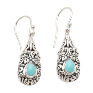 Boucles d'oreilles pendantes vintage E4577 en argent antique avec turquoise sertie, bijoux de mode pour femmes - Product Image 4