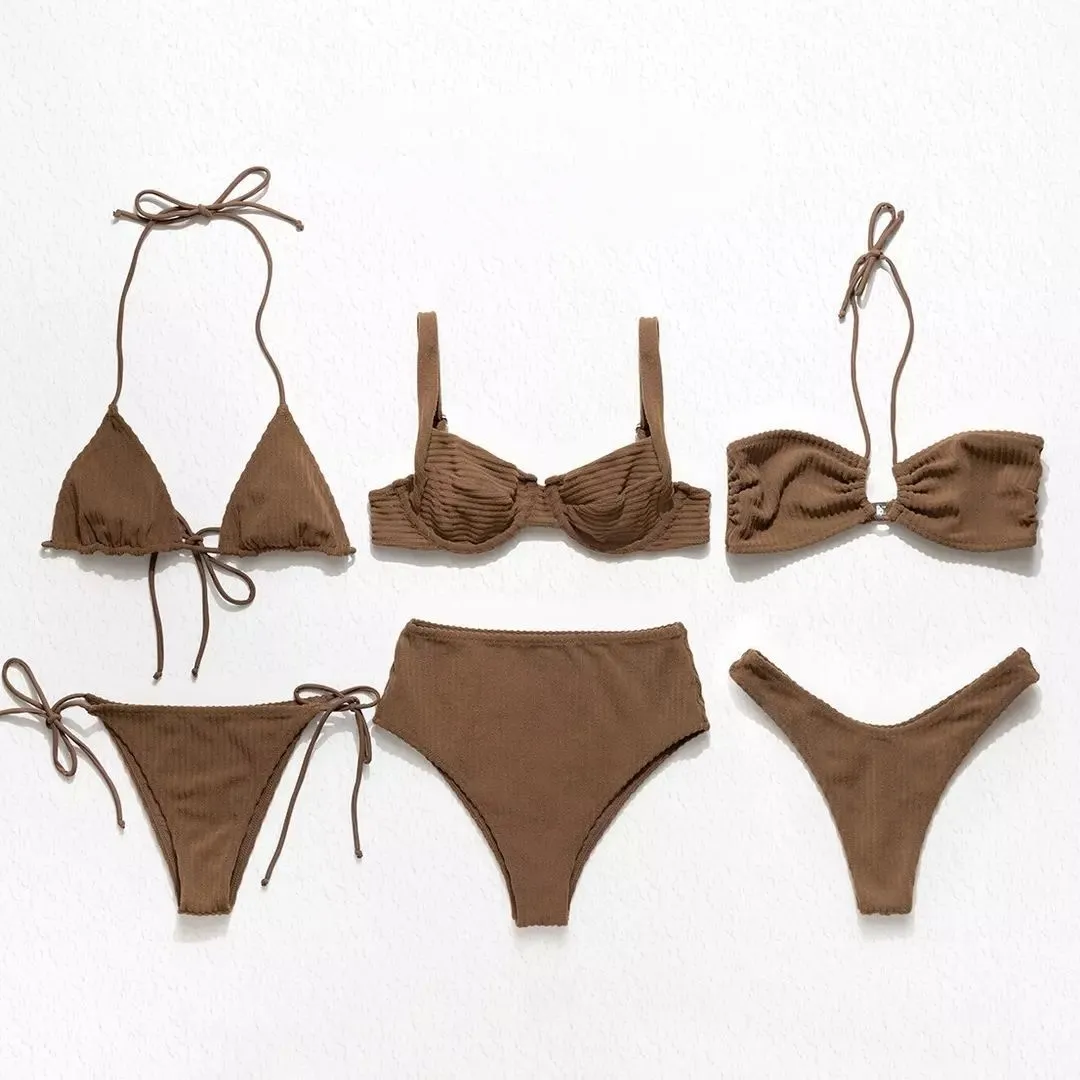 2024 trend özelleştirilmiş tasarım toptan çıplak kahverengi nervürlü Bikini olgun tanga mayo olgun kadın Bikini
