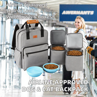 Sac à dos de voyage carré en polyester pour chien et chat, approuvé par les compagnies aériennes, réglable, accessoires de mode pour animaux de compagnie, 2 contenants de rangement pour aliments