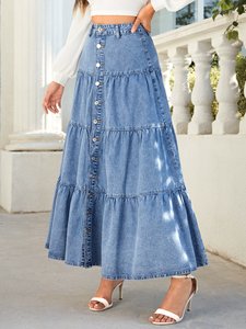 <span class=keywords><strong>Jupe</strong></span> <span class=keywords><strong>Longue</strong></span> <span class=keywords><strong>Maxi</strong></span> en Jean Délavé Bleu Clair, <span class=keywords><strong>Taille</strong></span> <span class=keywords><strong>Haute</strong></span> Boutonnée, Longueur Cheville, Motif Lotus pour Femme - Product Image 5