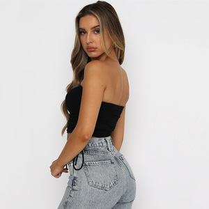 Haut court sans bretelles pour femme, rose, avec cordon de serrage, dos nu, tricoté, haute élasticité, pour usage quotidien, couleur unie, haut tendance - Product Image 3