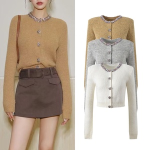 <span class=keywords><strong>Cardigan</strong></span> de Mulheres de Luxo AIMEISI com Decote Redondo Decorado com Strass Coloridos, Suéter Casual Versátil - Product Image 1