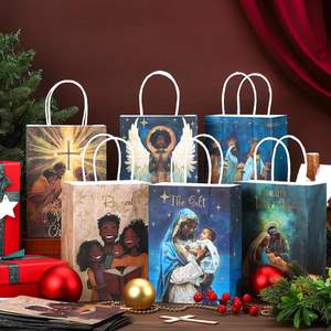 Assortiment de sacs de Noël religieux afro-américains avec poignée, scène de la Nativité de Jésus noir, sacs cadeaux en papier pour friandises - Product Image 2