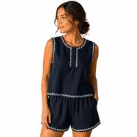 Ensemble 2 pièces d'été pour femme : débardeur brodé bleu marine et short – Style bohème décontracté pour la plage et les vacances