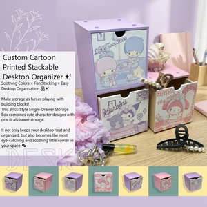 Custom Cartoon Printed Plastic Stackable Foldable Desktop Organizer Single <b>Drawer</b> <b>Storage</b> <b>Box</b> Sliding Lid Desk Organizer Home - Product Image 3