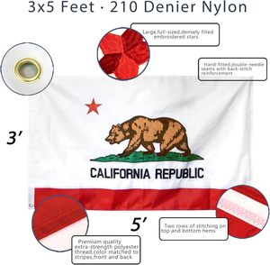210D Nylon Étanche Californie République CA Drapeau 3*5 Ft Heavy Duty Brodé Ours Étoile 4 Rangées Couture Fly Ends - Product Image 2