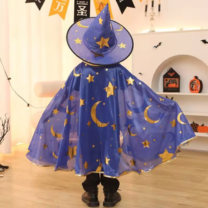 Capa de Disfraz de Halloween con Sombrero, Patrón de Estrellas Doradas, para Fiesta de Brujas, Unisex, para Niños, Juego de Roles, Capa de Bruja, Varita de Hada - Product Image 1