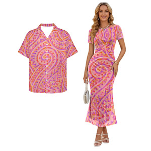 Completo coordinato per coppia con motivo tribale verde Samoa delle Isole del Pacifico, camicia hawaiana e set Puletasi per uomo e donna polinesiani - Product Image 4