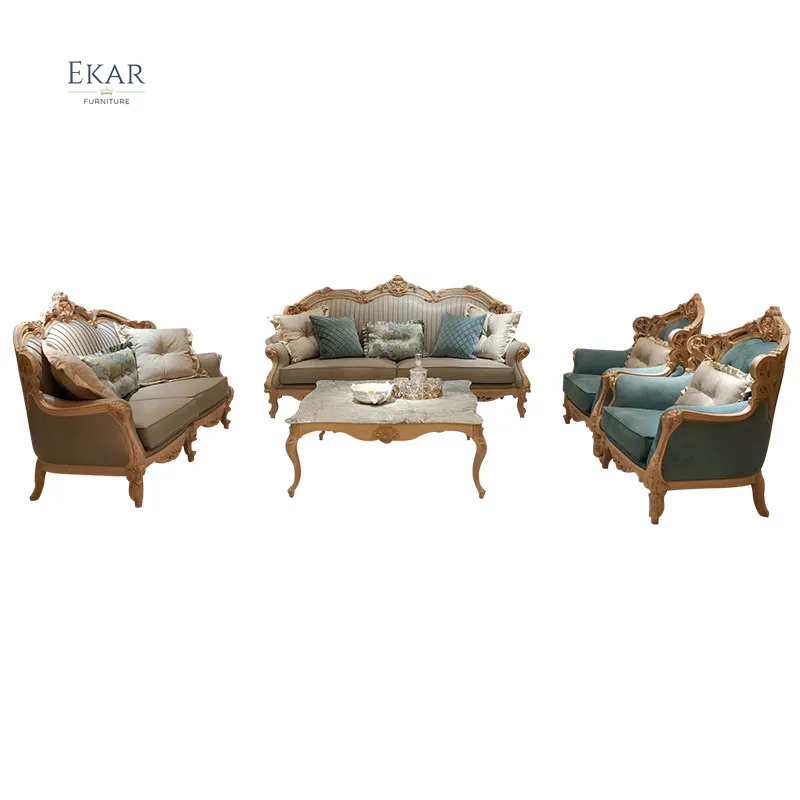 النيو كلاسيكي خشبية الملكي الأوروبي نمط اليد منحوتة الأريكة الأثاث 3 مقاعد الملكي النسيج أريكة منجدة مجموعة